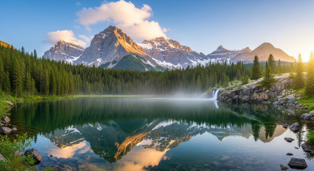 Majestic mountain range reflected in serene alpine lake waterの写真素材