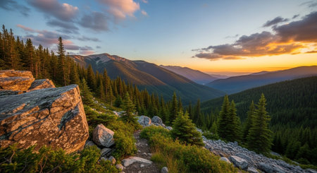 Scenic mountain landscape with forest at colorful sunsetの写真素材