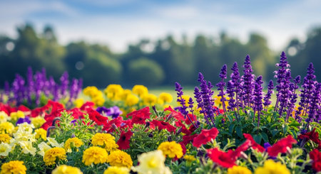 Vibrant spring flowerbed with red yellow and purple blooms