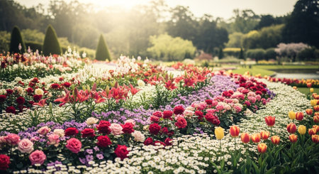 Vibrant floral garden bed with roses and daisiesの写真素材