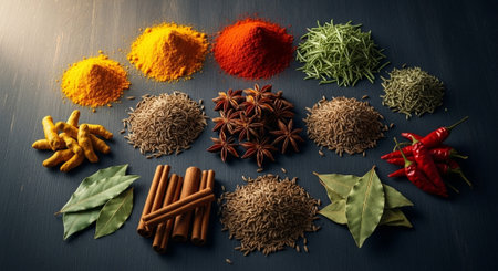 Aromatic spices and herbs arranged on a dark surface
