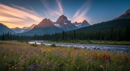 Scenic mountain landscape with wildflowers and river at sunsetの写真素材