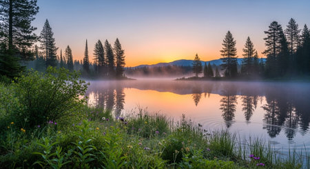 Sunrise over calm lake surrounded by evergreen forest treesの写真素材