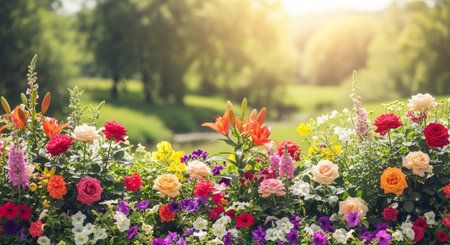 Vibrant flower garden with diverse blossoms in sunny meadowの写真素材
