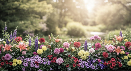 Floral display featuring assorted colorful flowers with soft backgroundの写真素材