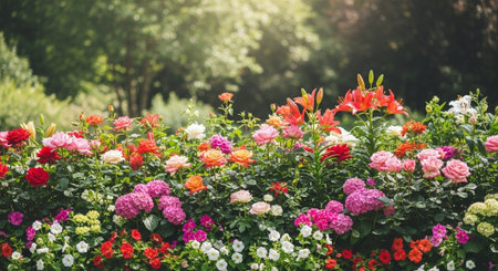 Vibrant flowerbed bursting with color, perfect for summer themesの写真素材