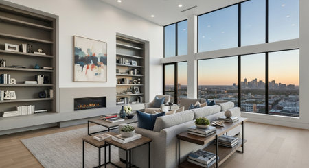 Modern living room interior with city view at sunsetの写真素材