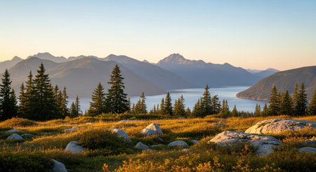 Scenic Mountain Lake Landscape with Forest and Rocksの写真素材
