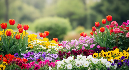 Vibrant flower garden with tulips, pansies, and daisy bloomsの写真素材