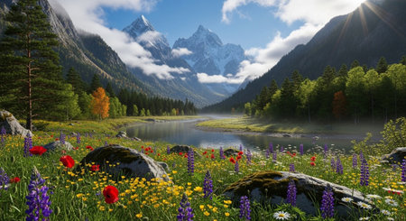 Serene mountain landscape with wildflowers, river and snowの写真素材