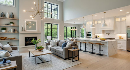 Bright open concept kitchen and living room interior designの写真素材