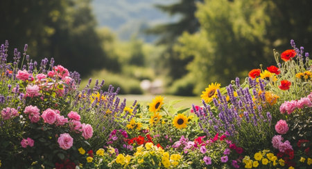 Vibrant flower garden with colorful blooms in summer sunlightの写真素材