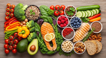 Healthy diet food on wooden surface for balanced nutritionの写真素材