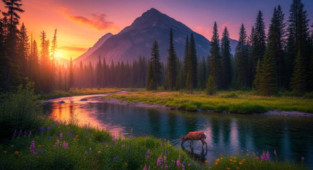 Majestic mountain landscape with river deer and sunset glowの写真素材