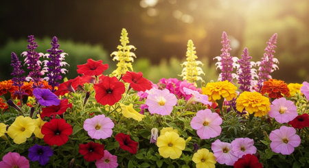 Vibrant garden bed showcasing colorful mixed flower varietiesの写真素材