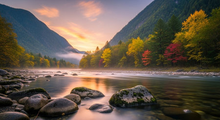 Autumn landscape river flows through mountains and forestの写真素材