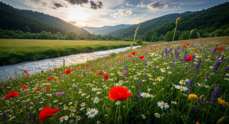 Idyllic meadow with wildflowers and a serene flowing river