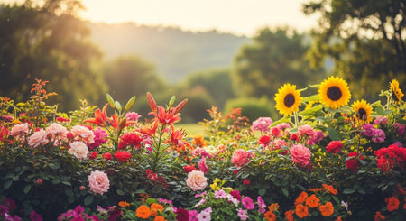 Lush flower garden featuring sunflowers, roses and liliesの写真素材