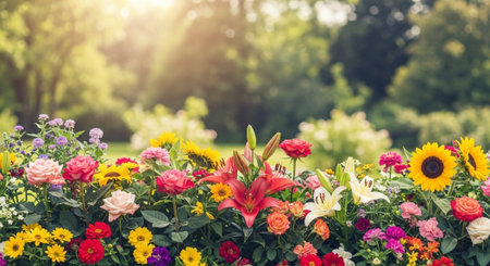 Colorful flower garden against blurred greenery background at daytimeの写真素材