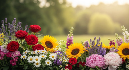 Colorful flower arrangement with sunflowers, roses, daisies and lavenderの写真素材
