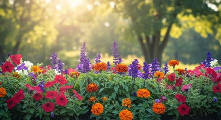 Vibrant flowers bloom in a garden with bokeh backgroundの写真素材