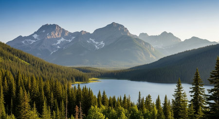 Majestic mountain range overlooking a pristine alpine lake