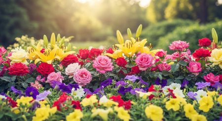 Colorful Flower Bed with Roses Lilies and Petuniasの写真素材
