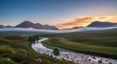 Tranquil River Valley Landscape at Sunrise with Mountainsの写真素材