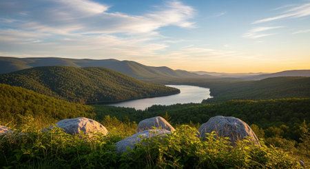 Scenic view of river valley with mountains and rocksの写真素材