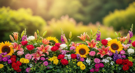 Vibrant assorted floral arrangement with blurred background and bokehの写真素材