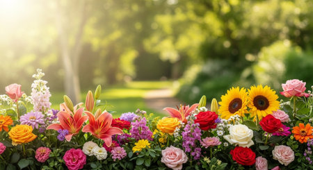 Abundant flower arrangement against a blurred garden path backgroundの写真素材