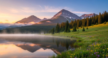 Majestic mountain landscape reflecting in a tranquil lake at dawnの写真素材