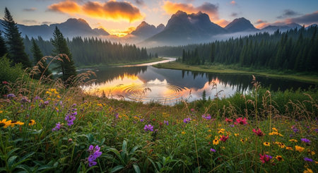 Serene mountain lake reflecting sunrise with wildflower meadow foregroundの写真素材