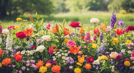 Vibrant flowerbed of mixed colorful summer flowers in gardenの写真素材