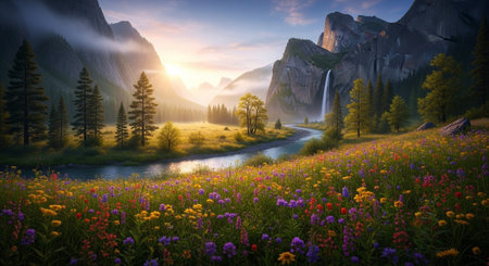 Lush meadow and mountain landscape with river at sunriseの写真素材