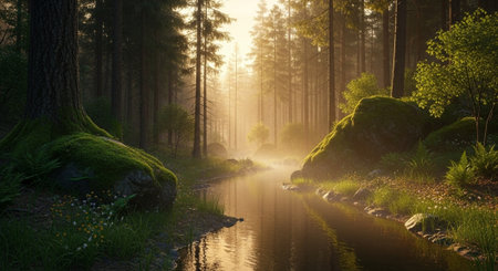 Sunlit forest stream with mossy rocks and trees