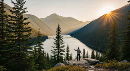 Person standing on rocks looking at mountain lake sunriseの写真素材