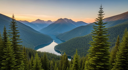 Scenic mountain lake landscape with forest and twilight glowの写真素材