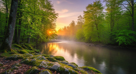 River at sunset cutting through a beautiful spring forestの写真素材