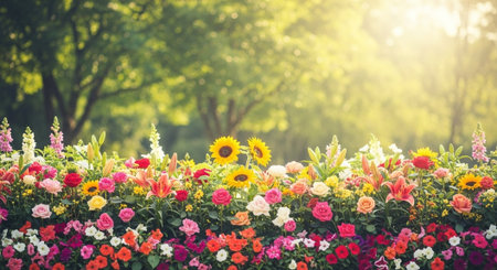 Vibrant spring flowerbed with sunflowers against a blurred backdropの写真素材