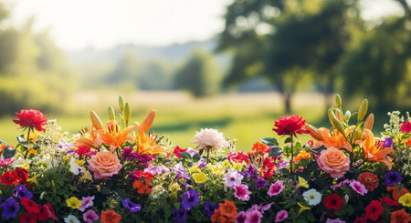 Vibrant flower bed against a blurred nature backdrop sceneの写真素材