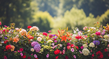 Vibrant flower garden with lilies, roses, and hydrangea blossomsの写真素材