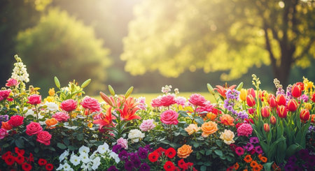 Beautiful flower garden in sunlight filled with roses tulipsの写真素材