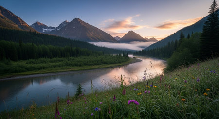 Serene river flowing through mountain valley at sunriseの写真素材