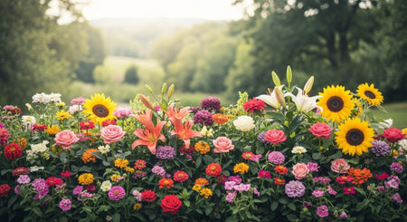 Vibrant flower bed with lush green background landscapeの写真素材