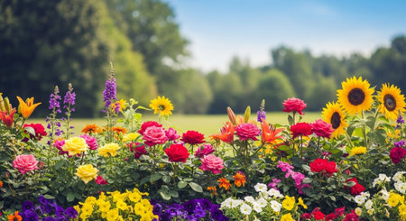 Vibrant flowerbed with colorful blossoms against blurred green backdropの写真素材