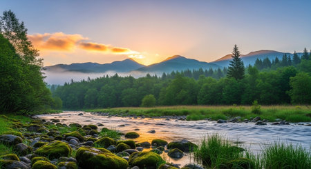 Scenic mountain river at sunset with fog and treesの写真素材