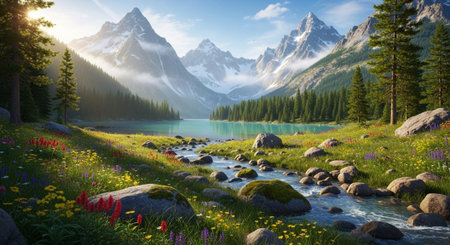 Scenic mountain lake with wildflowers and flowing river landscapeの写真素材