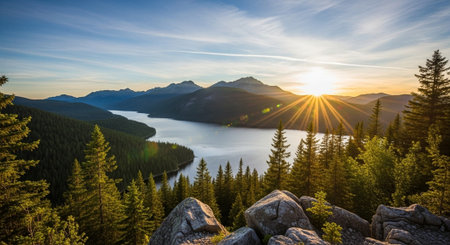 Sunrise over lake and mountains with vibrant green forestの写真素材