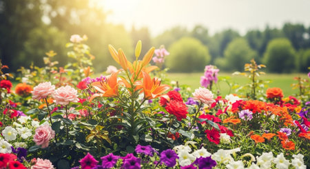 Abundant colorful flower garden on a bright, sunny dayの写真素材